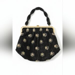 Vintage Lumured Corde’ Bead Handbag Mid Century Black Floral Beaded Bag NOS